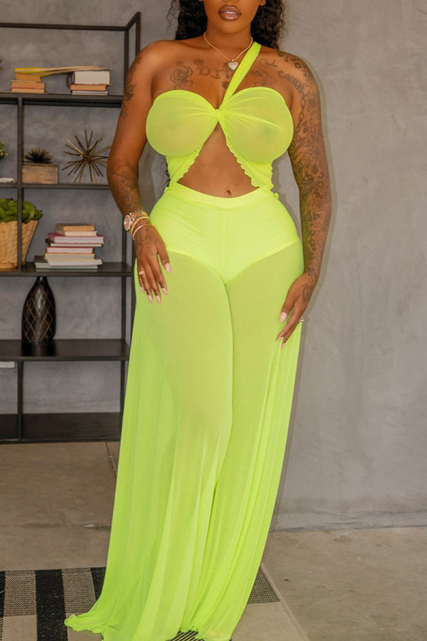 Yellow Sexy Solid Patchwork See-through Swimwears