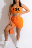 Tangerine Red Casual Sportswear Print Patchwork U Neck Sleeveless Two Pieces