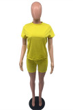 Yellow Fashion Casual Solid Basic O Neck Short Sleeve Two Pieces