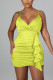 Green Yellow Sexy Solid Patchwork Flounce Spaghetti Strap Sling Dress Dresses