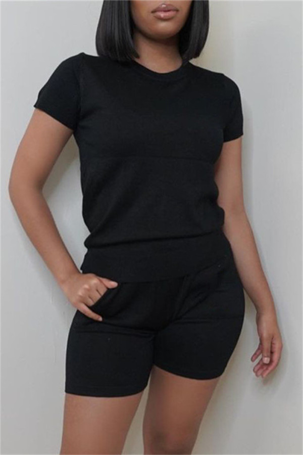 Black Fashion Casual Solid Basic O Neck Short Sleeve Two Pieces