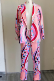 Pink Casual Print Patchwork Turndown Collar Long Sleeve Two Pieces