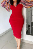 Red Fashion Casual Print Patchwork Slit O Neck Long Sleeve Dresses