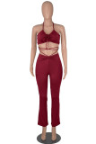 Coffee Sexy Solid Patchwork Frenulum Sleeveless Two Pieces