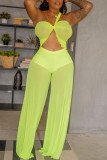 Yellow Sexy Solid Patchwork See-through Swimwears