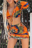 Tangerine Sexy Print Patchwork Frenulum Asymmetrical Long Sleeve Three Pieces