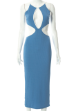 Yellow Sexy Solid Hollowed Out Halter Pencil Skirt Dresses