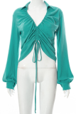 Green Sexy Solid Draw String Turndown Collar Tops