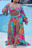 Blue Sexy Bohemian Vacation Floral High Opening V Neck Long Sleeve Two Pieces
