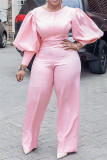 Pink Fashion Casual Solid Basic O Neck Regular Jumpsuits