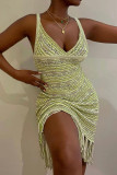 Yellow Sexy Tassel Hollowed Out Patchwork V Neck Sling Dress Dresses