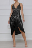 Coffee Sexy Solid Patchwork Fold Asymmetrical Spaghetti Strap Sling Dress Dresses