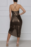 Coffee Sexy Solid Patchwork Fold Asymmetrical Spaghetti Strap Sling Dress Dresses