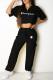 Black Fashion Sportswear Letter Patchwork Short Sleeve Two Pieces