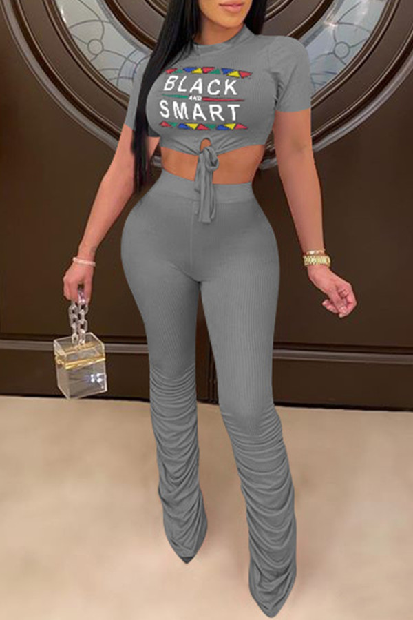 Grey Fashion Casual Letter Print Bandage Fold O Neck Short Sleeve Two Pieces