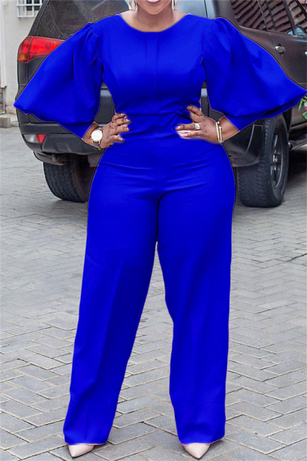 Blue Fashion Casual Solid Basic O Neck Regular Jumpsuits