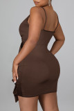 Coffee Sexy Solid Patchwork Flounce Spaghetti Strap Sling Dress Dresses