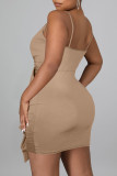Coffee Sexy Solid Patchwork Flounce Spaghetti Strap Sling Dress Dresses