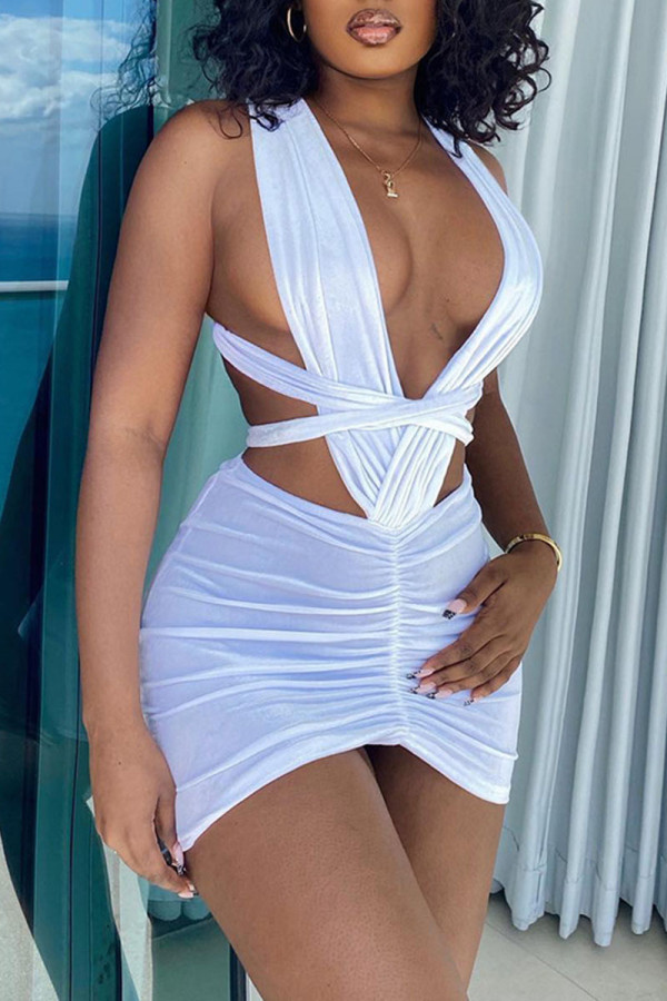 White Sexy Solid Bandage Hollowed Out Patchwork Fold Asymmetrical Dresses