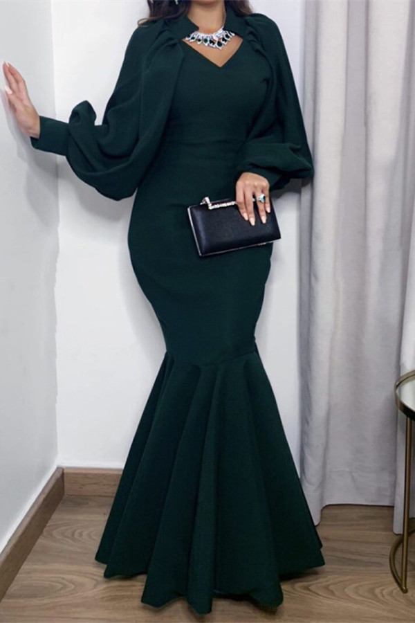 Green Fashion Sexy Solid Patchwork V Neck Evening Dress
