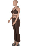 Coffee Sexy Solid Patchwork Frenulum Sleeveless Two Pieces