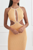 Yellow Sexy Solid Hollowed Out Halter Pencil Skirt Dresses