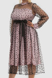 Pink Elegant Print Polka Dot Patchwork See-through O Neck A Line Dresses