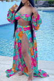 Blue Sexy Bohemian Vacation Floral High Opening V Neck Long Sleeve Two Pieces