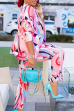 Pink Casual Print Patchwork Turndown Collar Long Sleeve Two Pieces