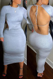 Grey Fashion Sexy Solid Bandage Backless O Neck Long Sleeve Dresses