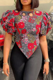 Red Fashion Casual Print Hollowed Out Asymmetrical O Neck Tops