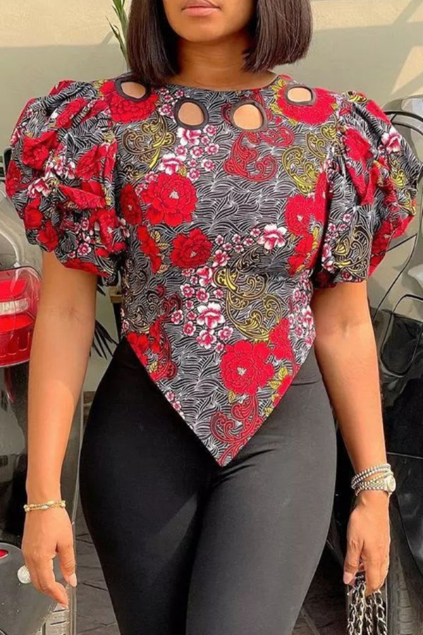 Red Fashion Casual Print Hollowed Out Asymmetrical O Neck Tops