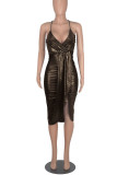 Coffee Sexy Solid Patchwork Fold Asymmetrical Spaghetti Strap Sling Dress Dresses