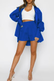 Blue Casual Solid Split Joint Buckle Turndown Collar Long Sleeve Two Pieces