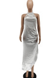 White Elegant Solid Patchwork Backless Slit Halter Straight Dresses