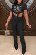 Black Fashion Casual Letter Print Bandage Fold O Neck Short Sleeve Two Pieces