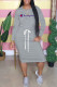 Grey Fashion Casual Letter Patchwork O Neck One Step Skirt Dresses
