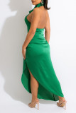 Green Elegant Solid Split Joint Backless Slit Halter Straight Dresses