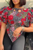 Red Fashion Casual Print Hollowed Out Asymmetrical O Neck Tops
