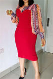 Red Fashion Casual Print Patchwork Slit O Neck Long Sleeve Dresses