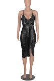 Coffee Sexy Solid Patchwork Fold Asymmetrical Spaghetti Strap Sling Dress Dresses