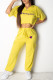 Yellow Fashion Sportswear Letter Patchwork Short Sleeve Two Pieces