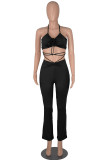 Coffee Sexy Solid Patchwork Frenulum Sleeveless Two Pieces