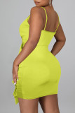 Coffee Sexy Solid Patchwork Flounce Spaghetti Strap Sling Dress Dresses
