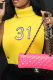 Yellow Sexy Print Patchwork Turtleneck Tops
