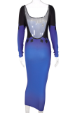 Blue Sexy Print Backless Square Collar Pencil Skirt Dresses