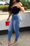 Deep Blue Fashion Casual Solid Bandage Hollowed Out Plus Size Jeans