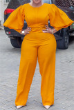 Orange Fashion Casual Solid Basic O Neck Regular Jumpsuits