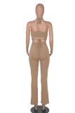 Coffee Sexy Solid Patchwork Frenulum Sleeveless Two Pieces