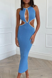 Yellow Sexy Solid Hollowed Out Halter Pencil Skirt Dresses